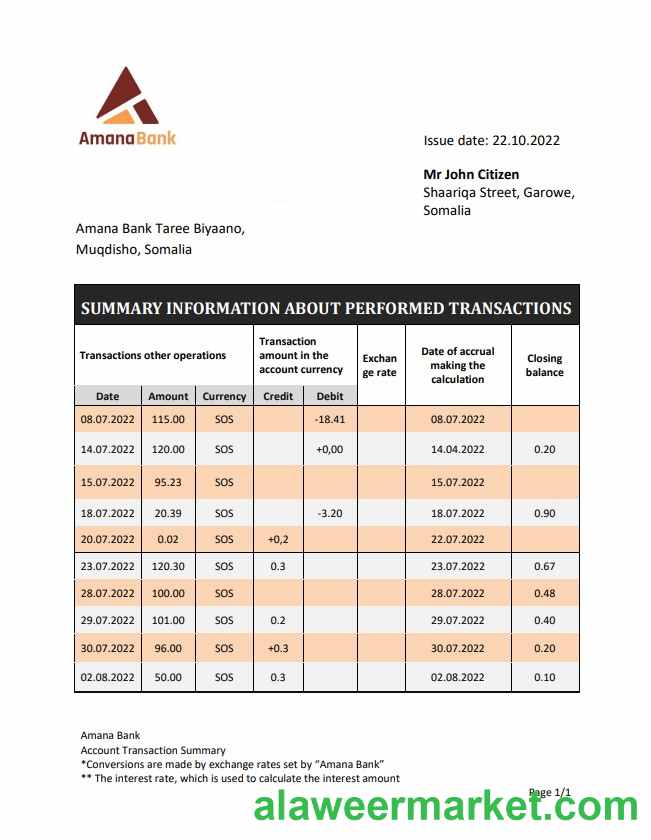 Somalia Amana bank statement